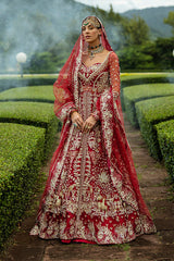 Red Pakistani Bridal Dress in Shirt and Lehenga Style