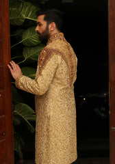 Premium Jamawar Gold Sherwani With Jewel And Stone Embellishment