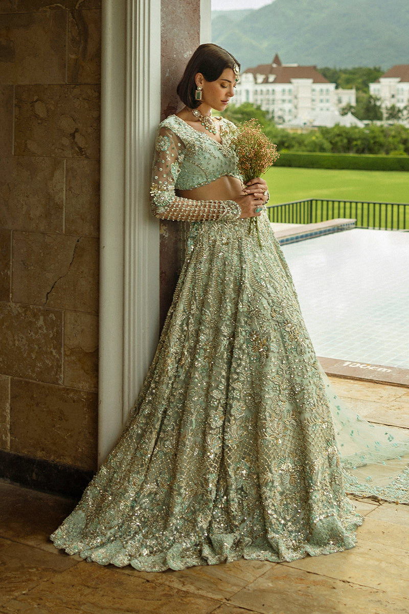 Aqua Green Net Lehenga Choli Pakistani Bridal Dress