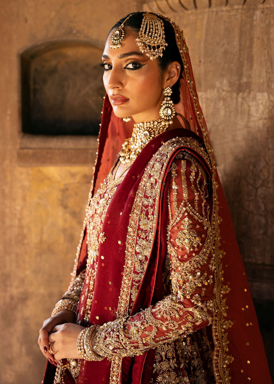 ABE Red Pakistani Bridal Dress in Pishwas Lehenga Style