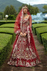 Red Pakistani Bridal Dress in Shirt and Lehenga Style