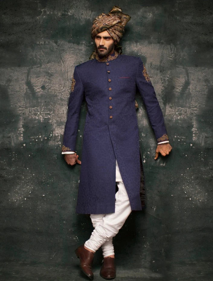 Embroidered Jamawar Blue Sherwani Wedding Dress