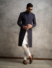 Embroidered Jamawar Blue Sherwani for Wedding