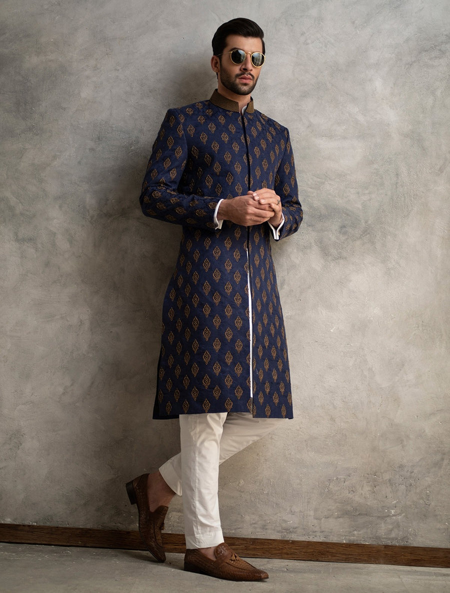 Embroidered Jamawar Blue Sherwani for Wedding