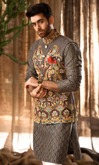 Grey Embroidered Waistcoat Sherwani for Wedding