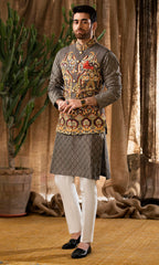 Grey Embroidered Waistcoat Sherwani for Wedding