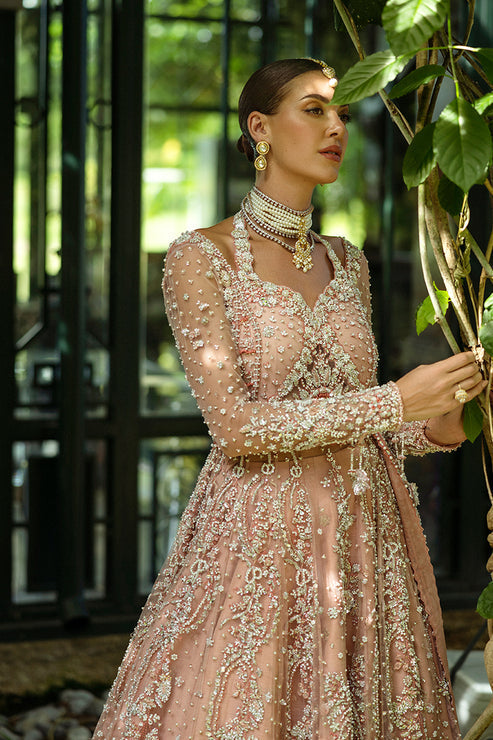 Pakistani Bridal Dress in Peach Lehenga Kameez Style