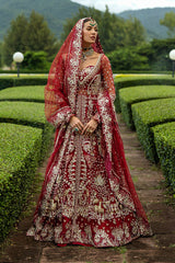 Red Pakistani Bridal Dress in Shirt and Lehenga Style