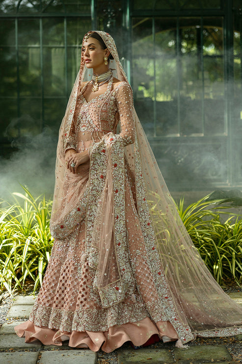 Pakistani Bridal Dress in Peach Lehenga Kameez Style