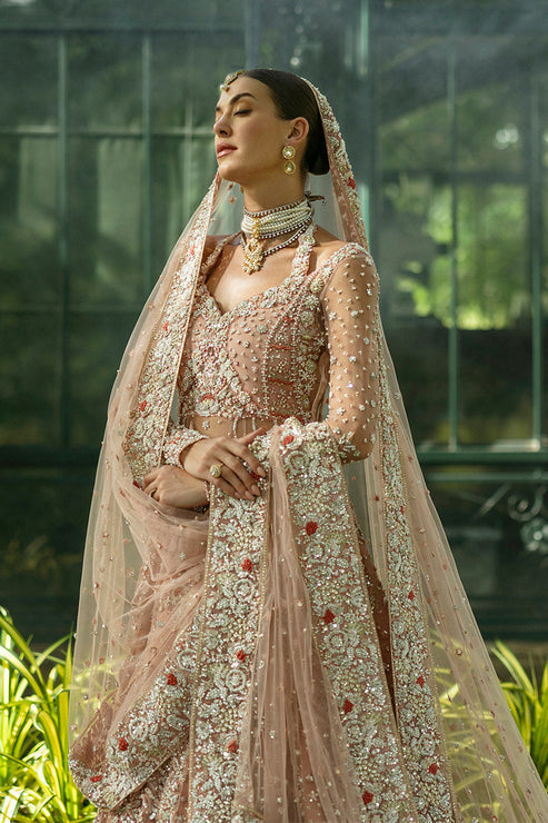 Pakistani Bridal Dress in Peach Lehenga Kameez Style