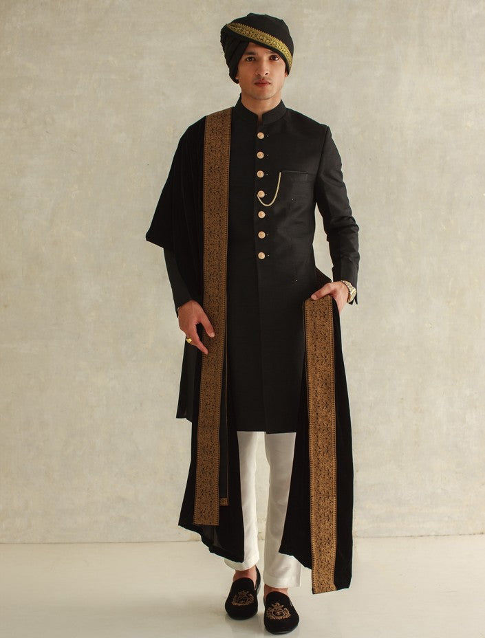 Pakistani Groom Black Sherwani for Wedding Wear