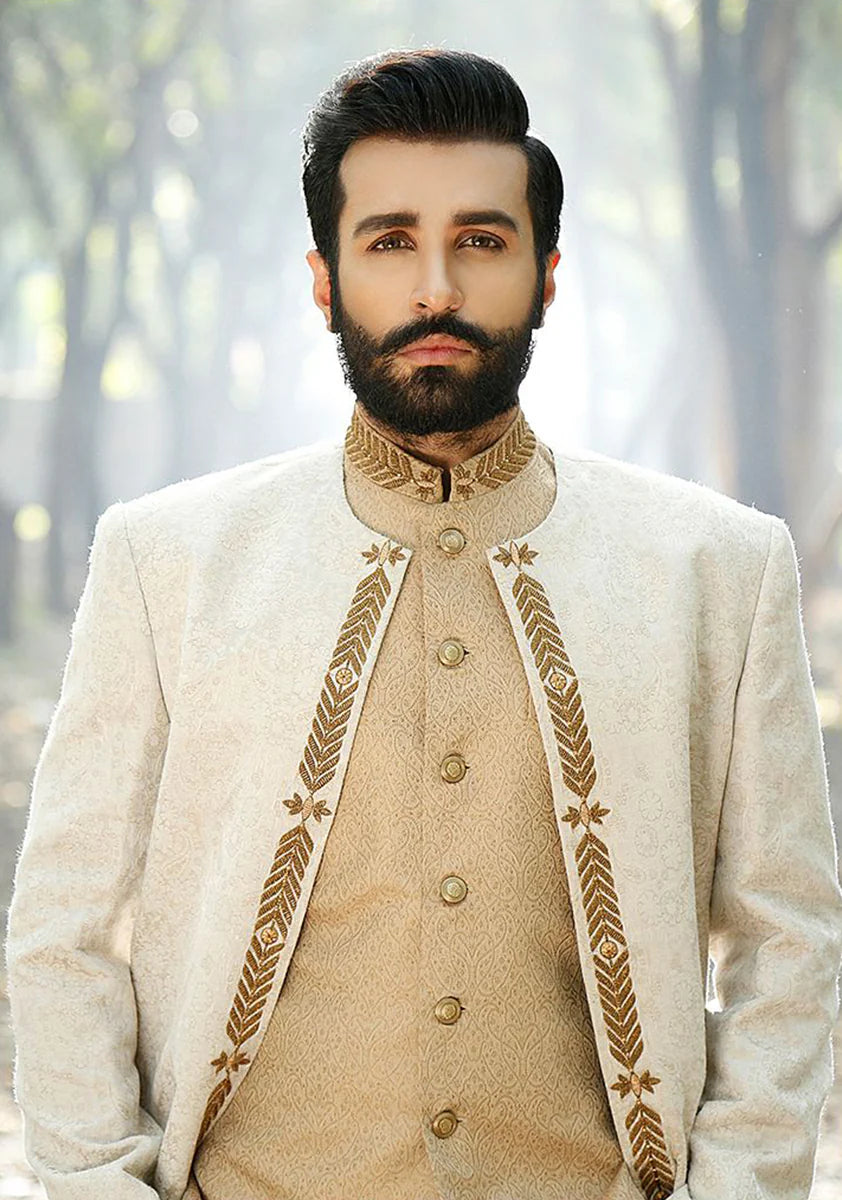 Premium Jamawar Cream Sherwani