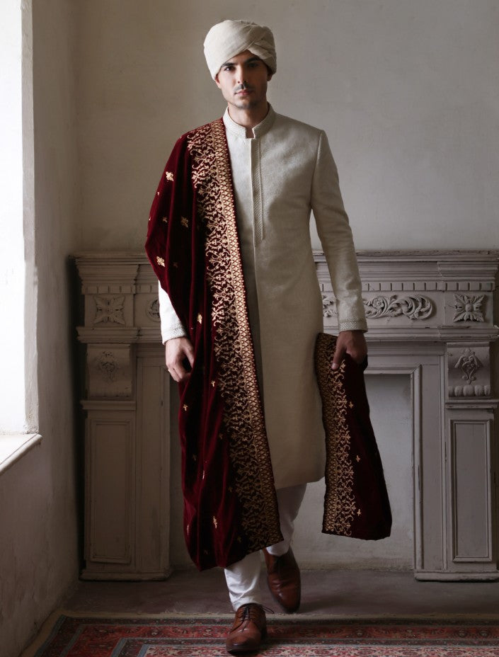 Printed White and Maroon Sherwani for Wedding