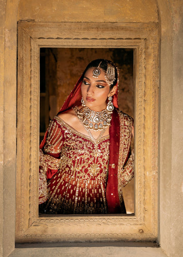 ABE Red Pakistani Bridal Dress in Pishwas Lehenga Style