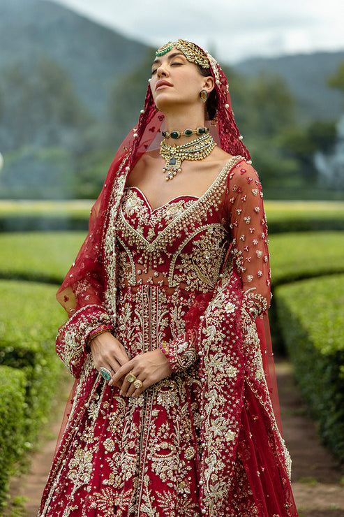 Red Pakistani Bridal Dress in Shirt and Lehenga Style