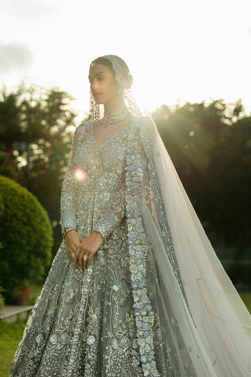 Ice Blue Pakistani Bridal Dress in Gown Lehenga Style