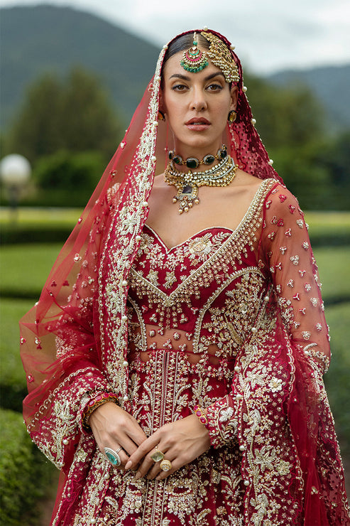 Red Pakistani Bridal Dress in Shirt and Lehenga Style