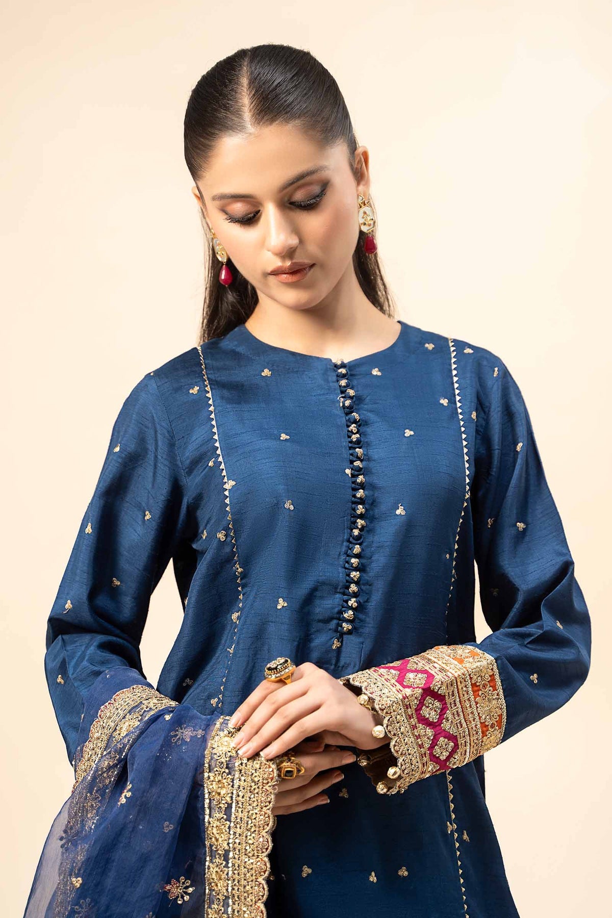 3 Piece Embroidered Raw Silk Suit