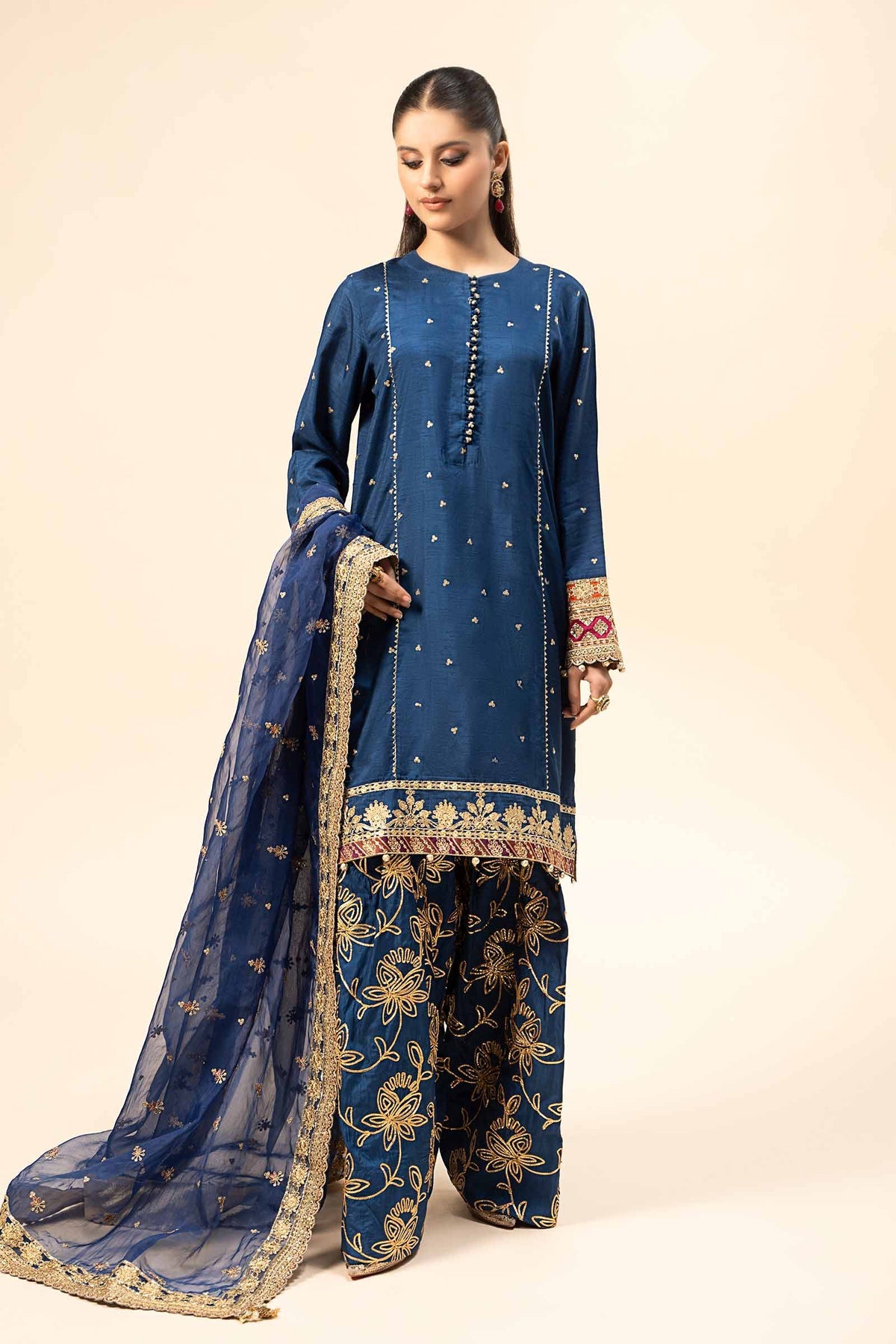 3 Piece Embroidered Raw Silk Suit