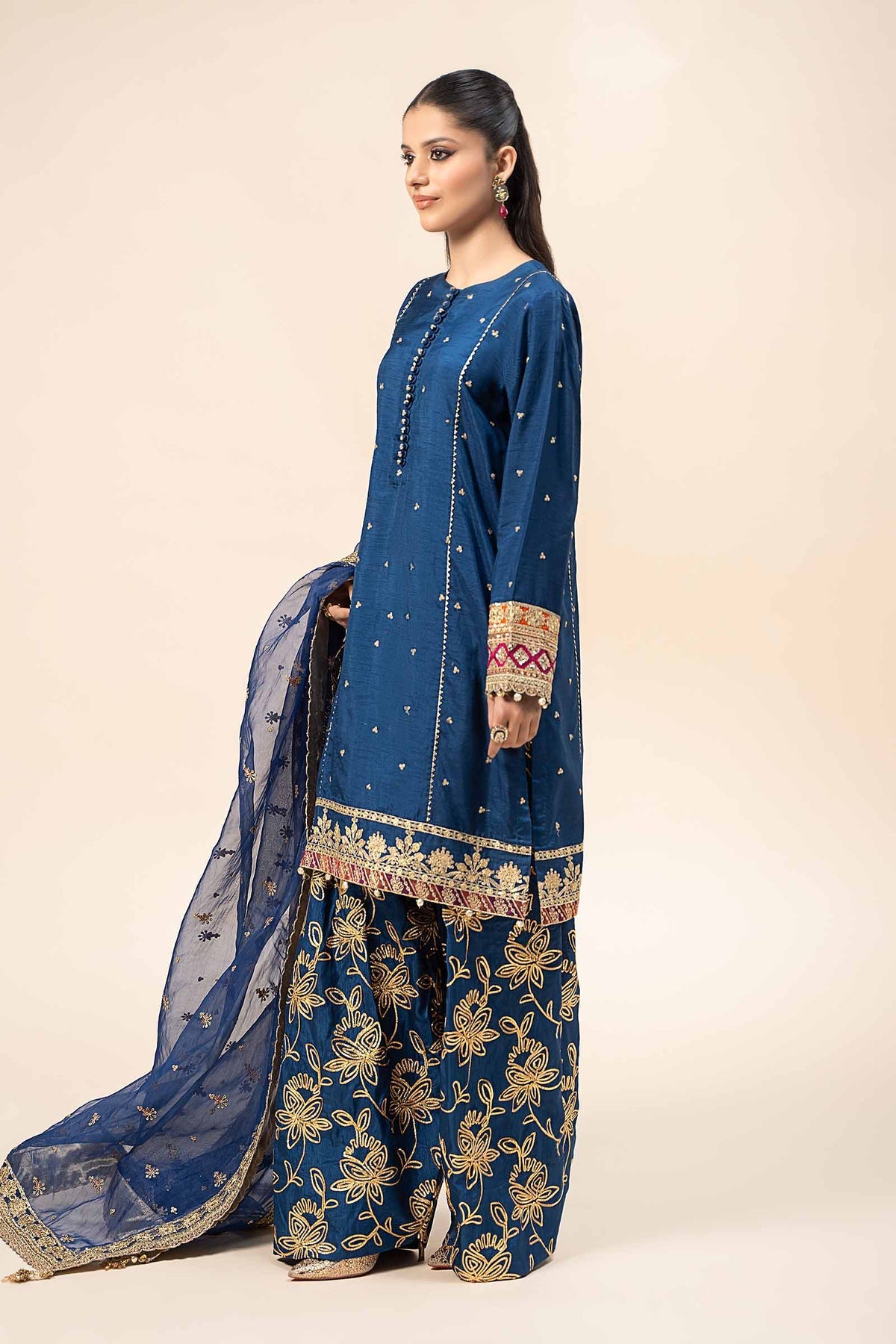 3 Piece Embroidered Raw Silk Suit