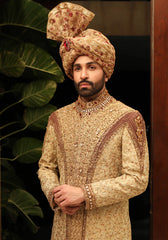 Premium Jamawar Gold Sherwani With Jewel And Stone Embellishment