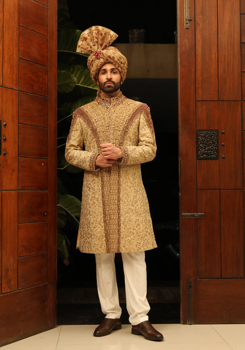 Premium Jamawar Gold Sherwani With Jewel And Stone Embellishment