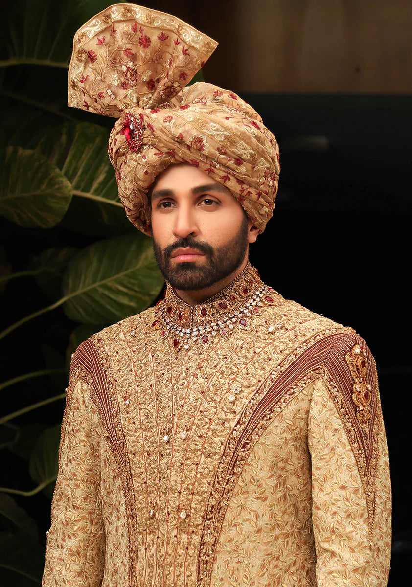 Premium Jamawar Gold Sherwani With Jewel And Stone Embellishment